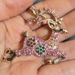 Reindeer Brooch Pink Rhinestone Christmas Deer Holiday Pin Gold Tone 2”